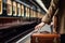 hand woman holding suitcase traveling waiting train on the platform generative ai