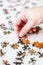 Hand of a woman playing Jigsaw Puzzle, starting to match the pie