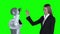 Hand of a woman and a robot hand give five . Green screen. Slow motion