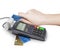 Hand of woman using payment terminal, paying with credit card, f