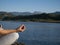 Hand woman yoga and lotus pose meditation and relax in the mountan lake. Healthy and Zen Concept Close up