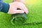 Hand of a worker with a artificial lawn grass.