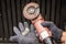 Hand of worker man hold Grinder blades broken . Dangers of using