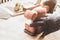 hand of worker man Sanding top wooden with sander machine