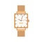 Hand wrist watch design with gold bracelet, angled dial, arrows. Elegant wristwatch. Jewelry clocks, watches with metal