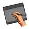 Hand writes on the tablet stylus. Vector black vintage engraving