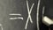 Hand writing with chalk the algebra formula on the blackboard. Close up