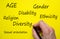 Hand writing `Diversity ethnicity gender age sexual orientation religion disability`, isolated on yellow background. Business