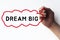 Hand writing Dream Big in cloud bubble on transparent wipe board. Motivational concept