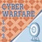 Hand writing sign Cyber Warfare. Word for Virtual War Hackers System Attacks Digital Thief Stalker Target With Bullseye