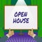 Hand writing sign Open House. Business concept you can come whatever whenever want Make yourself at home Hands Thumbs Up