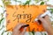 Hand writing spring season welcome greeting poster in orange colored paper with flowers border. Start of springtime