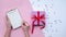 Hand writing story. Gift with red ribon. Christmas decorations
