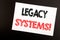 Hand writing text caption inspiration showing Legacy Systems. Business concept for Upgrade SOA Application written on sticky note,