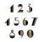 Hand written numeral font set. All arabic numerals are black and gold color. Hand drawn ink brushes numerals retro style.