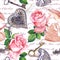 Hand written text, pink roses, feathers, keys with handwritten notes. Repeating background in vintage style. Watercolor