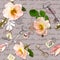 Hand written text, wild roses, post stamps, watercolor feathers, keys on paper texture with notes. Seamless pattern in