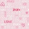 Hand Written Valentine`s Day Typography vector seamless pattern. Hand Drawn Doodle Hearts and Words Love. XOXO. Graffity
