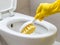 hand a yellow glove with white toilet brush does cleaning the toilet