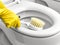 hand a yellow glove with white toilet brush does cleaning the toilet