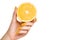 Hand with Yellow Nails Holding a Lemon Fruit. Isolated