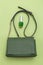 Handbag green color and nail polish on green background.  Monochrome. Vertical format