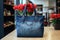 Handbag made from old jeans on dressmaker table. DIY, denim upcycling, using old jeans, upcycle denim stuff. Sustainable