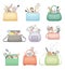 Handbags of different colors full of typical woman things and accessories set vector illustration
