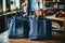 Handbags made from old jeans on a dressmaker table. DIY, denim upcycling, using old jeans, upcycle denim stuff