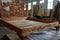 handcarved wooden bed frame with detailed headboard in a workshop