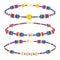 Handcraft friendship bracelets. Plastic bead bracelets, old school kids handmade accessories with colored beads flat vector