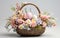 A handcrafted basket filled with willow branches, decorated with fine Easter ornaments and pastel eggs.