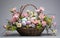 A handcrafted basket filled with willow branches, decorated with fine Easter ornaments and pastel eggs.