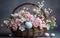 A handcrafted basket filled with willow branches, decorated with fine Easter ornaments and pastel eggs.