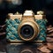 Handcrafted Gold And Turquoise Camera With Nature-inspired Patterns