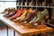 handcrafted leather shoes on display shelf