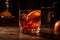 A handcrafted negroni drink, complete with ice and an orange slice, sitting on a wooden table, in a vertical closeup. Generative A