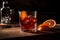 A handcrafted negroni drink, complete with ice and an orange slice, sitting on a wooden table, in a vertical closeup. Generative A