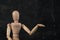 Handcrafted wooden man figure mannequin model dummy doll on background. Copy space