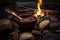 handcrafted wooden spoon and bowl by a campfire