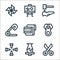 handcrafts line icons. linear set. quality vector line set such as scissors, pottery, crayons, zipper, fabric, safety pin, shoe