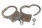 Handcuffs in heart shape and key on white background
