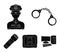 Handcuffs, policeman, prisoner, flashlight.Police set collection icons in black style vector symbol stock illustration