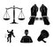 Handcuffs, scales of justice, hacker, crime scene.Crime set collection icons in black style vector symbol stock