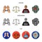 Handcuffs, scales of justice, hacker, crime scene.Crime set collection icons in cartoon,flat,monochrome style vector