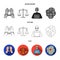 Handcuffs, scales of justice, hacker, crime scene.Crime set collection icons in flat,outline,monochrome style vector