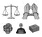 Handcuffs, scales of justice, hacker, crime scene.Crime set collection icons in monochrome style vector symbol stock