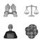 Handcuffs, scales of justice, hacker, crime scene.Crime set collection icons in monochromet style vector symbol stock