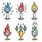 Handdrawn candles burning vibrant flames different colors. Cartoon candles light, festive