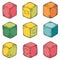 Handdrawn cubes sketched various colors including red, yellow, green, blue. Grunge textured 3D